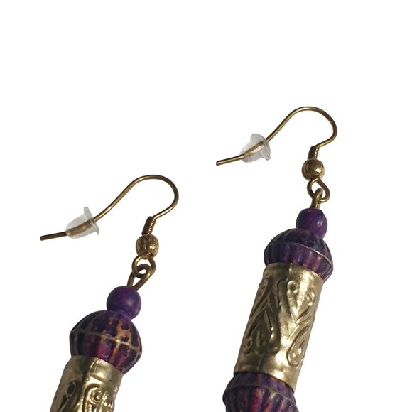 Vintage Handcrafted Brass Purple Beaded Dangle Earrings Boho Bali Core Design - Picture 5 of 7